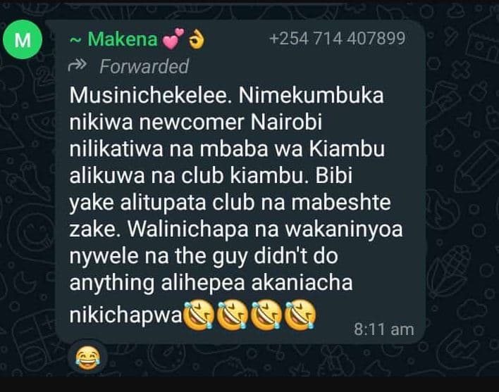M makena 254 714 forwarded musinichekelee. nimekumbuka nikiwa newcomer nairobi n