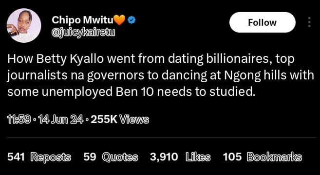 Chipo mwitu juicykairegy follow how betty kyallo went from dating billionaires,