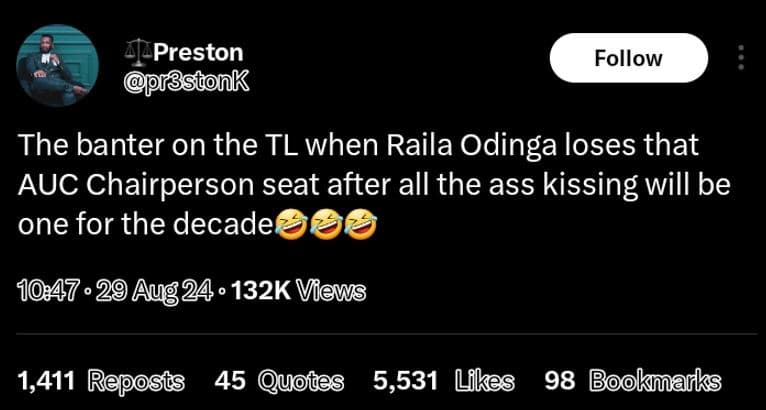 Preston prbstonk follow the banter on the tl when raila odinga loses that auc ch