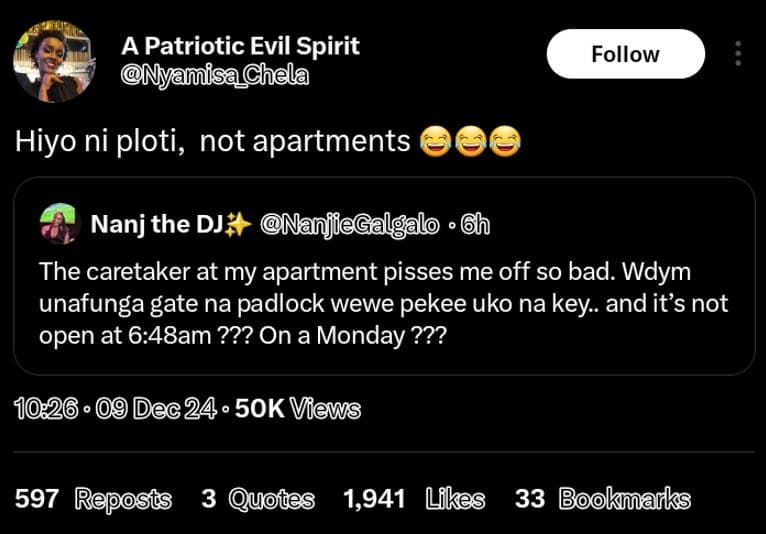 A patriotic evil spirit yamisahela follow hiyo ni ploti, not apartments nanj the