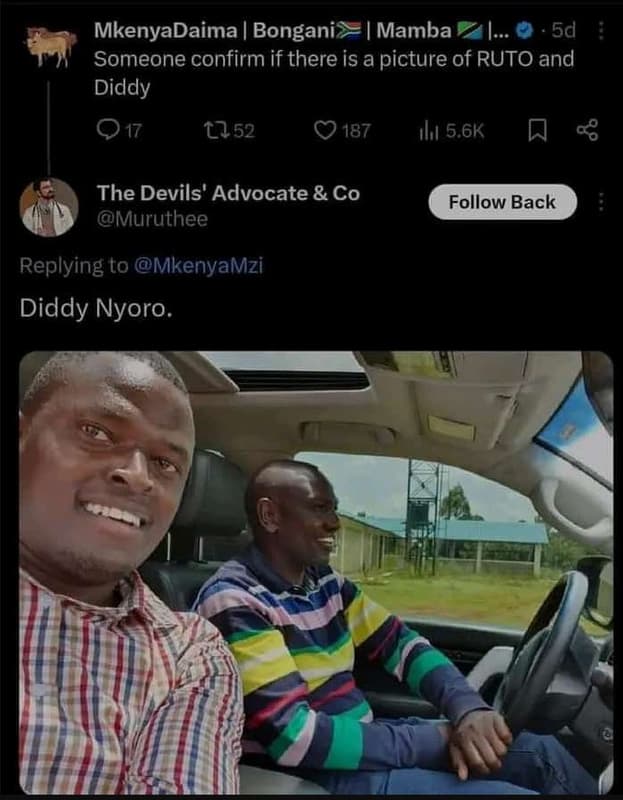 Mkenyadaima bongani mamba 5d someone confirm if there is a picture of ruto and d