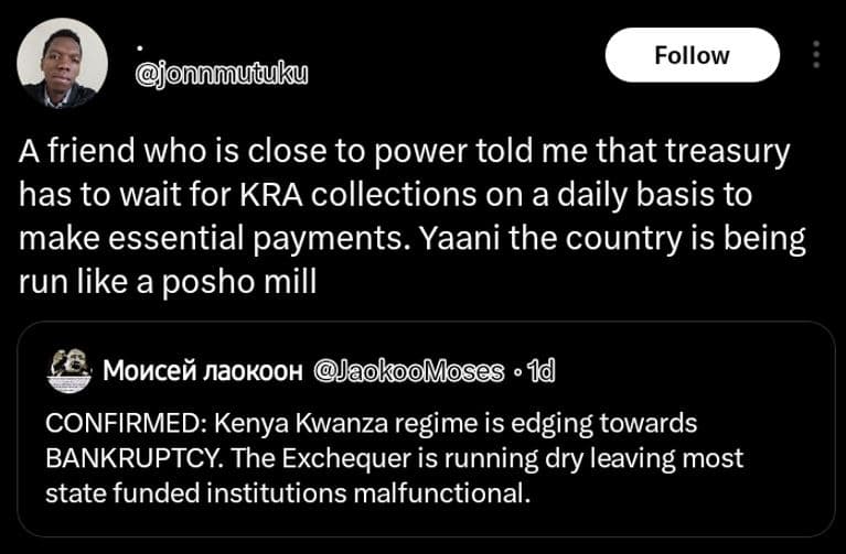 Follow onn mutuky a friend who is close to power told me that treasury has to wa