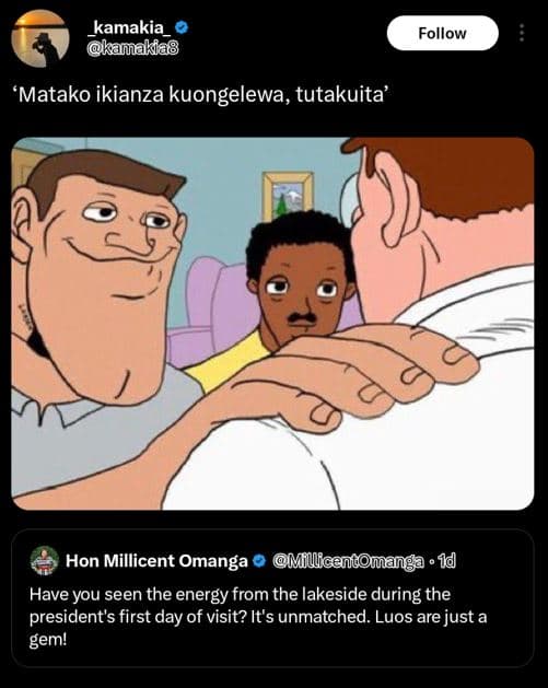 Kamakia kamakia8 follow matako ikianza kuongelewa, tutakuita' hon millicent oman