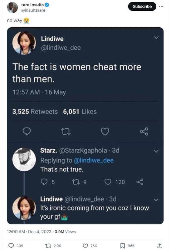 Rare insults insultsrare subscribe no way lindiwe lindiwe_dee the fact is women