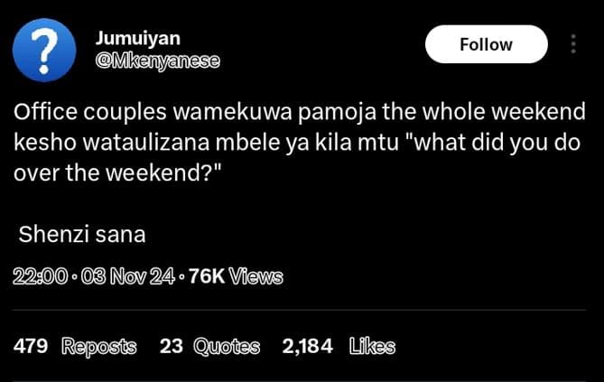 Jumuiyan mkenyanese follow office couples wamekuwa pamoja the whole weekend kesh