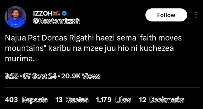 Izzoh newtonnizzoh follow najua pst dorcas rigathi haezi sema 'faith moves mount