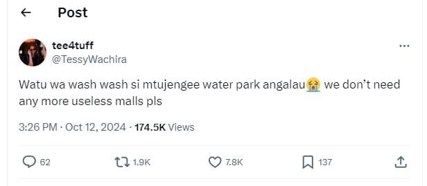 Post tee4tuff tessywachira watu wa wash wash si mtujengee water park angalau we