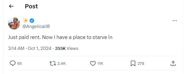 Post angelicalio just paid rent. now have a place to starve in 3.14 am oct 1, 35