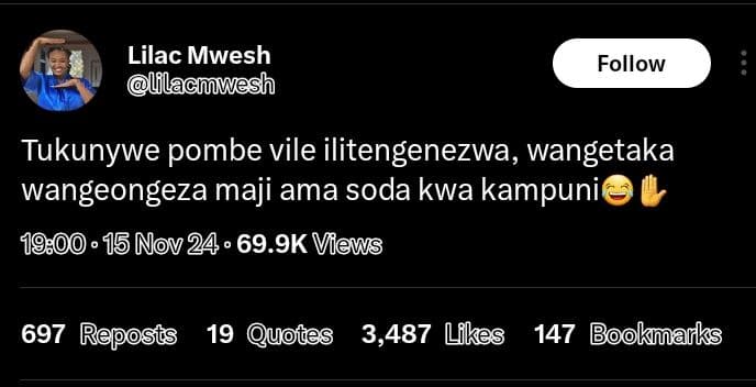 Lilac mwesh llacmwesh follow tukunywe pombe vile ilitengenezwa wangetaka wangeon