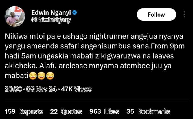 Edwin nganyi edinngany follow nikiwa mtoi pale ushago nightrunner angejua nyanya