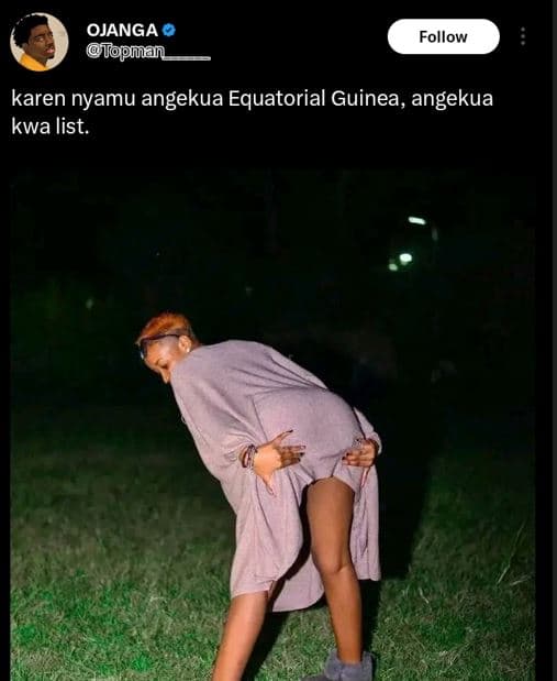 Ojanga jopman follow karen nyamu angekua equatorial guinea, angekua kwa list.