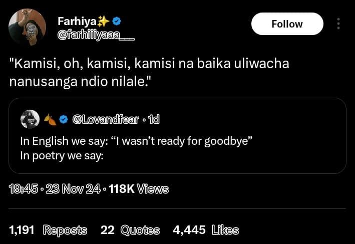 Farhiya farhidiy follow 'kamisi, oh, kamisi, kamisi na baika uliwacha nanusanga