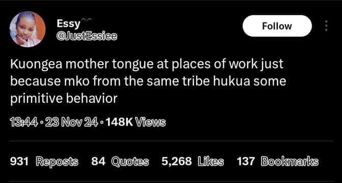 Essy jusiessiee follow kuongea mother tongue at places of work just because mko