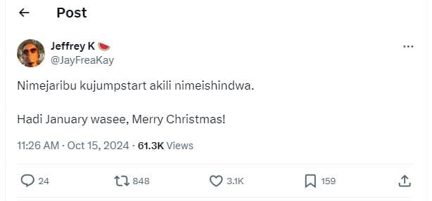 Post jeffrey k jayfreakay nimejaribu kujumpstart akili nimeishindwa hadi january