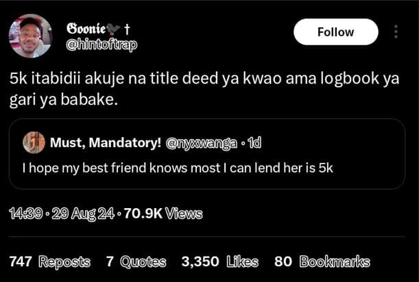 Gooníe phindofdiap follow 5k itabidii akuje na title deed ya kwao ama logbook ya