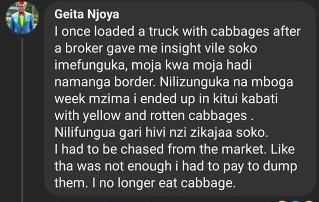 Geita njoya ionce loaded a truck with cabbages after a broker gave me insight vi