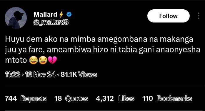Mallard mmallard8 follow huyu dem ako na mimba amegombana na makanga juu ya fare