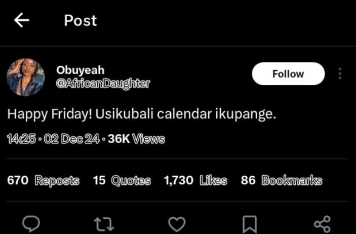 Post obuyeah afficandaughaer follow happy friday! usikubali calendar ikupange. 0