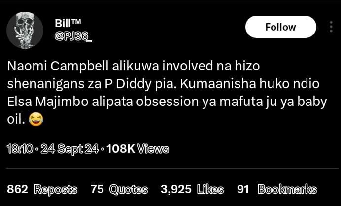 Billtm pjb6 follow naomi campbell alikuwa involved na hizo shenanigans za p didd