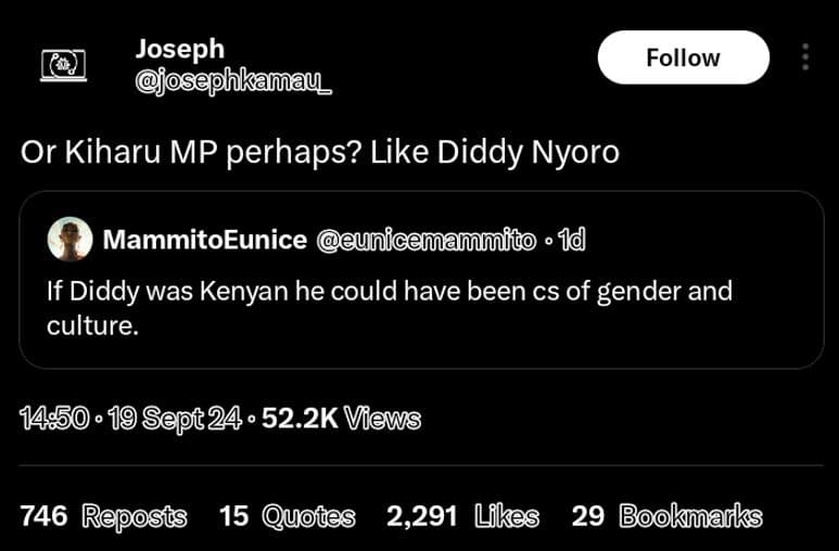 Joseph josephkamau _ follow or kiharu mp perhaps? like diddy nyoro mammitoeunice