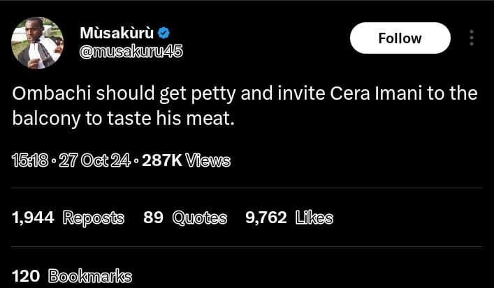 Musakuru mmusakunu4s follow ombachi should get petty and invite cera imani to th