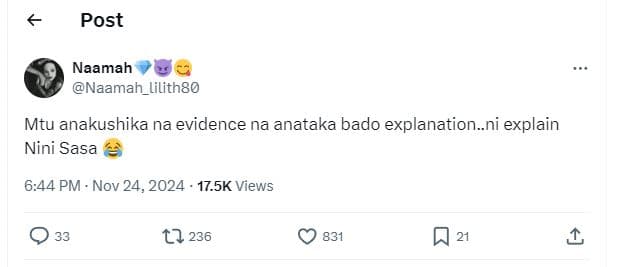 Post naamah naamah_lilith80 mtu anakushika na evidence na anataka bado explanati