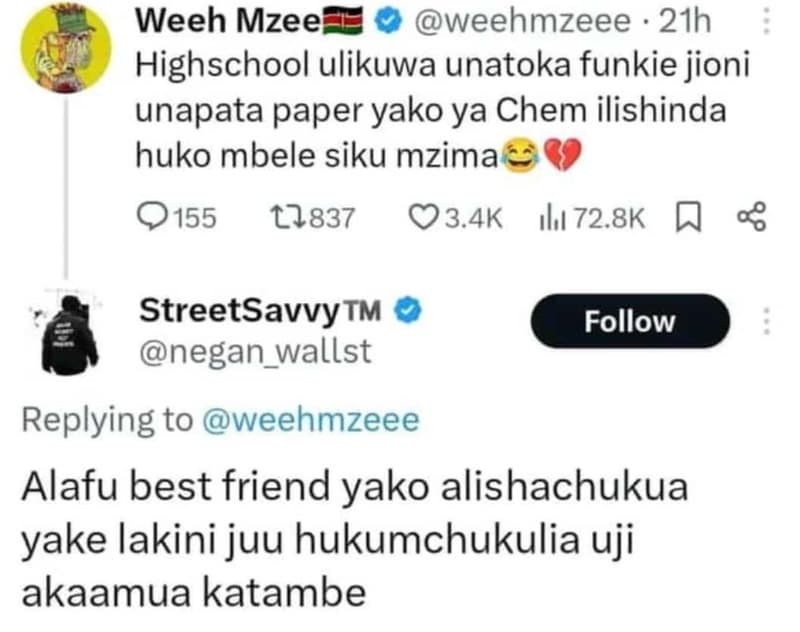 Weeh mzee weehmzeee 21h highschool ulikuwa unatoka funkie jioni unapata paper ya