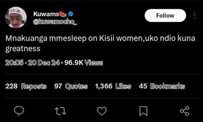 Kuwamse kuwamodho follow mnakuanga mmesleep on kisii women,uko ndio kuna greatne
