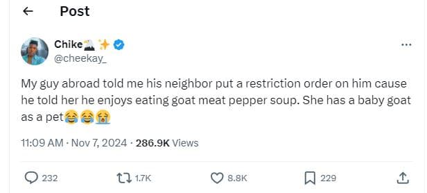 Post chike cheekay_ my guy abroad told me his neighbor put a restriction order o