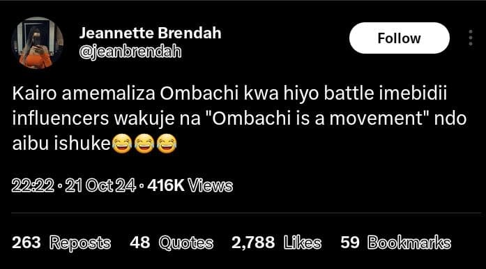 Jeannette brendah eanbrendah follow kairo amemaliza ombachi kwa hiyo battle imeb
