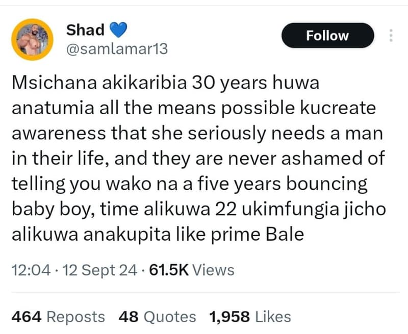 Shad samlamar13 follow msichana akikaribia 30 years huwa anatumia all the means