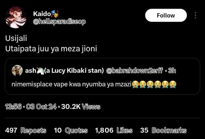 Kaido hells follow usijali utaipata juu ya meza jioni ash a lucy kibaki stan bab