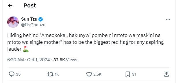 Post sun tzu itschanzu hiding behind ameokoka , hakunywi pombe ni mtoto wa maski