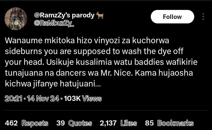 Ramzzys parody rambuzzy follow wanaume mkitoka hizo vinyozi za kuchorwa sideburn