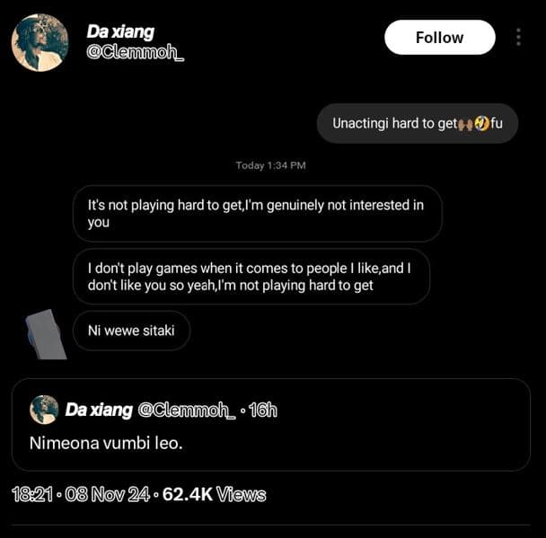 Daxiang clemmoh_ follow unactingi hard to get today 1.34 pm it's not playing har