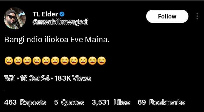 Tl elder mwabilmwag follow bangi ndio iliokoa eve maina. 16 0ct24 . 183k views 4