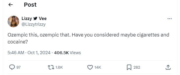 Post lizzy vee lizzytrizzy ozempic this ozempic that. have you considered maybe