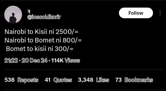 Follow pcecoldkorir nairobi to kisii ni nairobi to bomet ni 800 bomet to kisii n