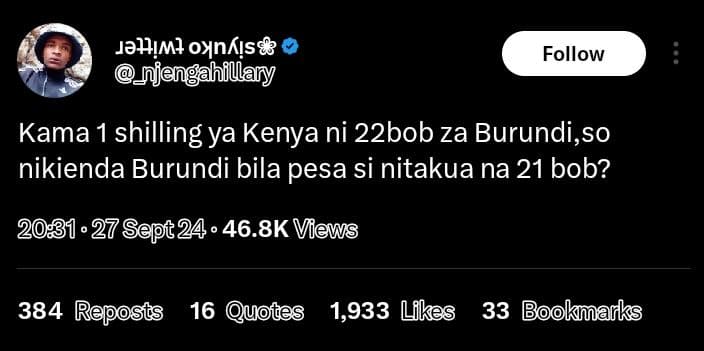 Jahłimł oxnkıs8 jeng ahillary follow kama 1 shilling ya kenya ni 22bob za burund