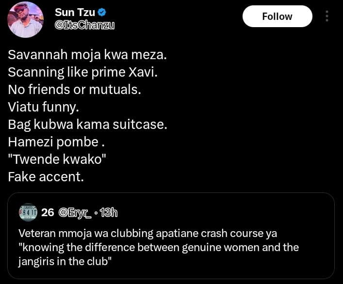 Sun tzu ltschanzu follow savannah moja kwa meza. scanning like prime xavi. no fr