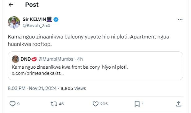 Post sir kelvin kevoh_254 kama nguo zinaanikwa balcony yoyote hio ni ploti. apar