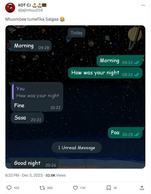 Kot cj jajimkuu254 mtuombee tumefika salgaa today morning 0928 morning 09.32 how