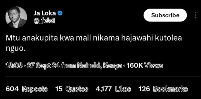 Ja loka felsí subscribe mtu anakupita kwa mall nikama hajawahi kutolea nguo . 27