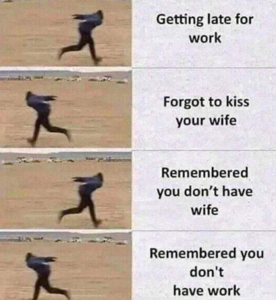 Getting late for work forgot to kiss your wife remembered you don't have wife re