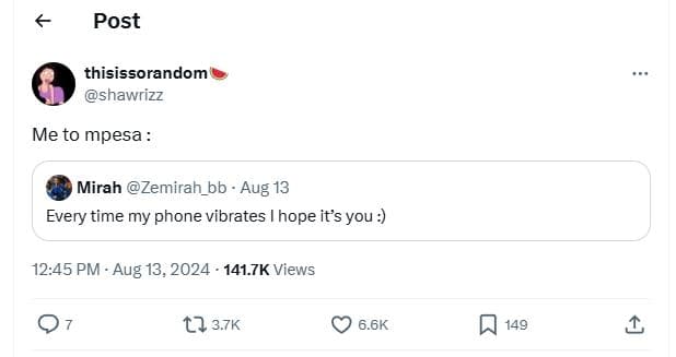 Post thisissorandom shawrizz me to mpesa mirah zemirah_bb aug 13 every time my p