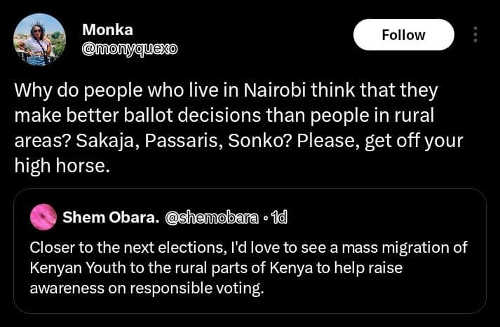 Monka monyquexo follow why do people who live in nairobi think that they make be