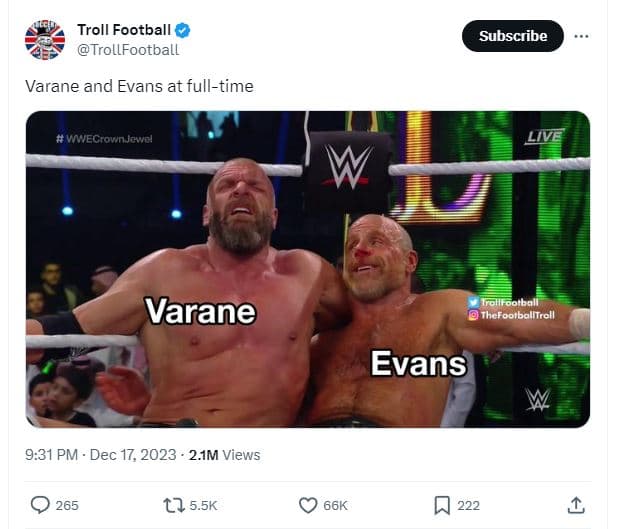 Troll football trollfootball subscribe varane and evans at fulltime vwecrown jaw