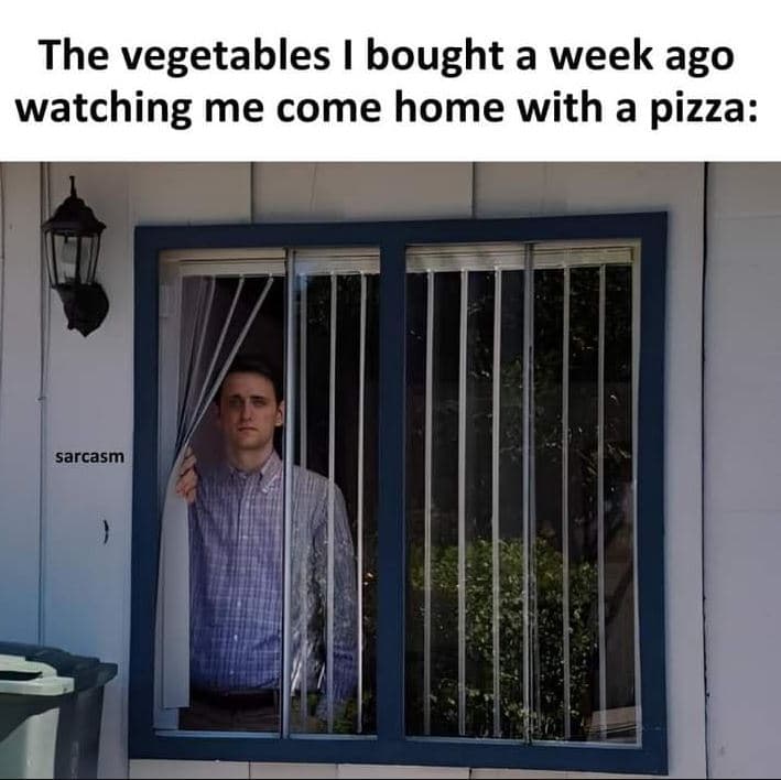 The vegetables bought a week ago watching me come home with a pizza sarcasm