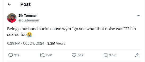 Post sir teeman olateeman being a husband sucks cause wym g0 see what that noise