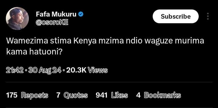 Fafa mukuru osoroke subscribe wamezima stima kenya mzima ndio waguze murima kama
